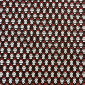 Tissu imprimé avec des visages de la casa de papel - visages blancs avec capuche rouge