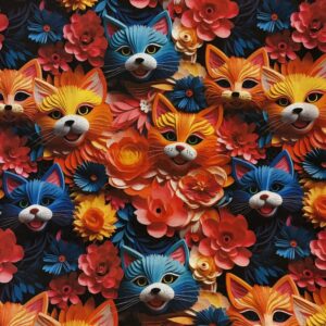 Tissu impression 3D avec des chats jaunes et bleus