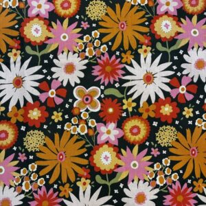 Tissu fond vert foncé avec des fleurs type marguerites, jaune rose et blanches