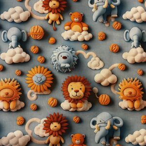 Tissu enfantin fond bleu avec des impressions 3D de lions bleus et jaunes marrons