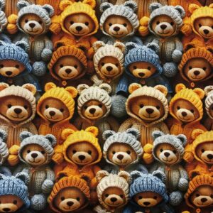 Tissu impressions 3D avec des oursons en peluche portant une capuche en laine moutarde, bleu ou beige