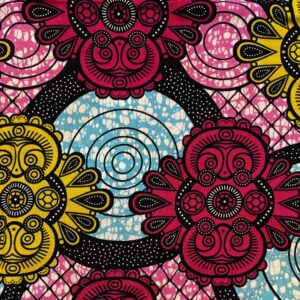 Tissu wax imprimé bleu, rose et jaune