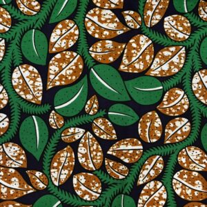 Tissu wax feuilles vertes et marrons blanches, fond bleu marine