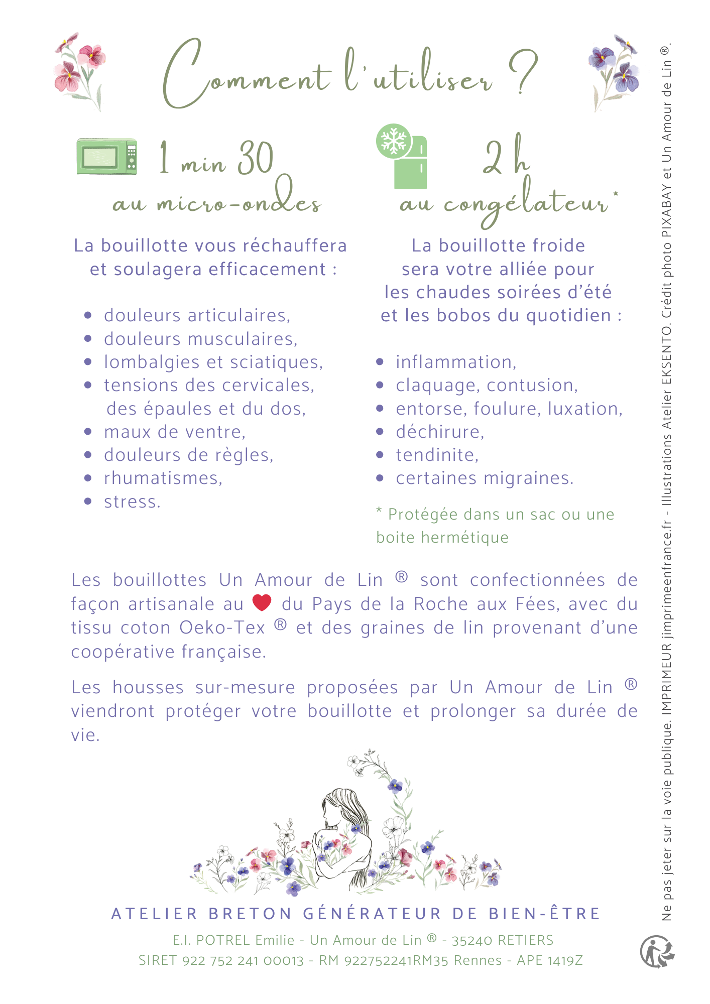 Flyer Un Amour de Lin® - descriptif de l'utilisation d'une bouillotte sèche aux graines de lin à chaud et à froid
